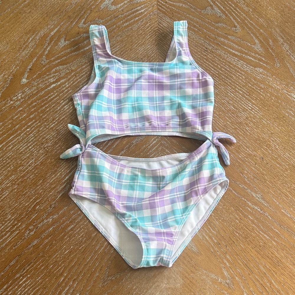 Pink Lily Girls Plaid Two-Piece Swim Set in Pastel Aqua & Lilac